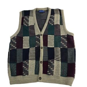 Jantzen Classics Men's Large Knit Geometric Patchwork V Neck Cardigan Vest Beige